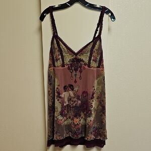 Michal Negrin Romantic Mauve Floral Slip Dress with Lace Trim